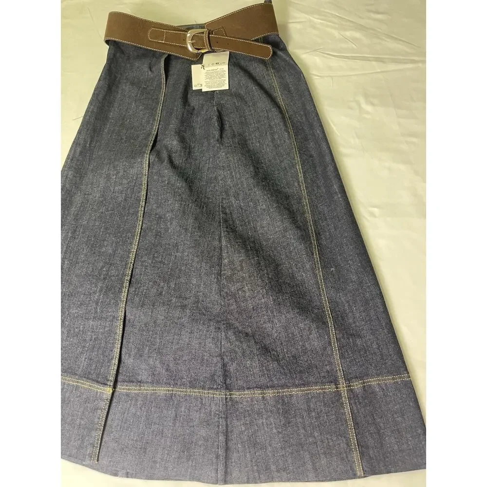 Zara Denim Midi Skirt Semi Wrap Belted Blue Contrast Stitch NWT Size M - Picture 4 of 10